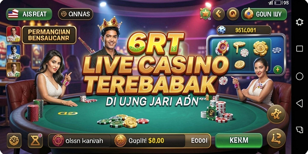Screenshot gameplay Live Casino 6RT yang menampilkan dealer dan pemain.