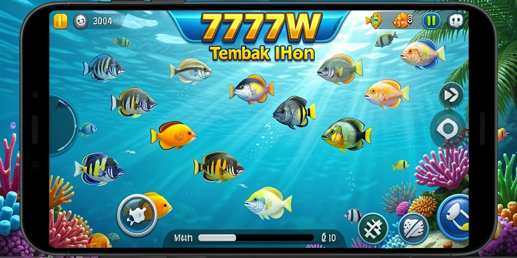 Tampilan gameplay seru di 7777W dengan aksi menangkap ikan.