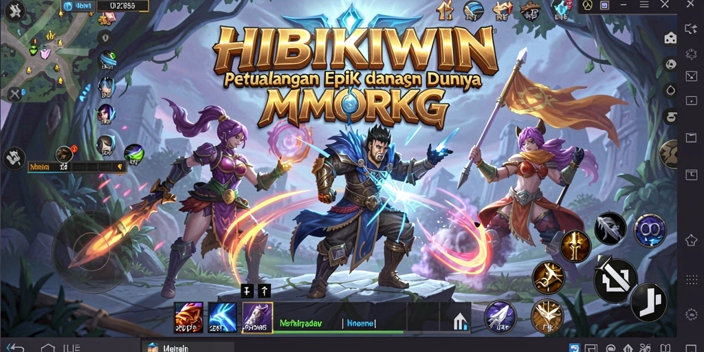 Tangkapan layar HIBIKIWIN menampilkan aksi seru dalam pertempuran MMORPG.