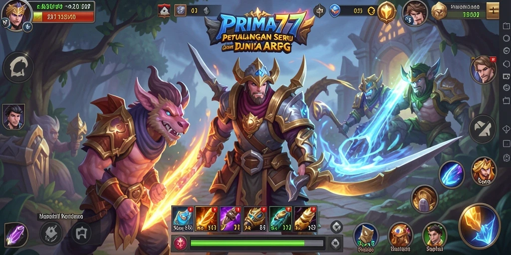 Screenshot PRIMA77 menampilkan pertarungan epik di dunia fantasi.
