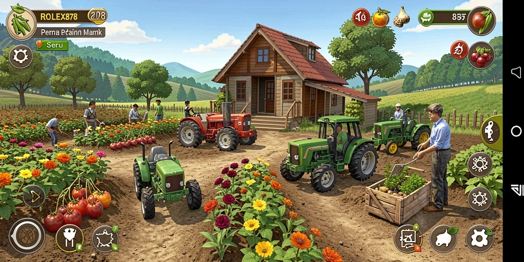 Tampilan gameplay ROLEX878 yang menggambarkan aktivitas pertanian.