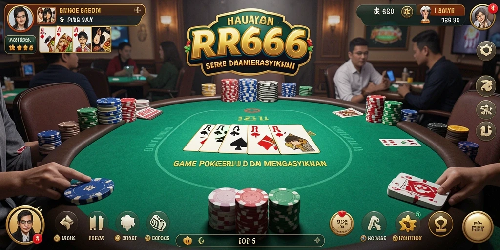 Tampilan gameplay seru di RR666 dengan suasana poker yang mendebarkan.