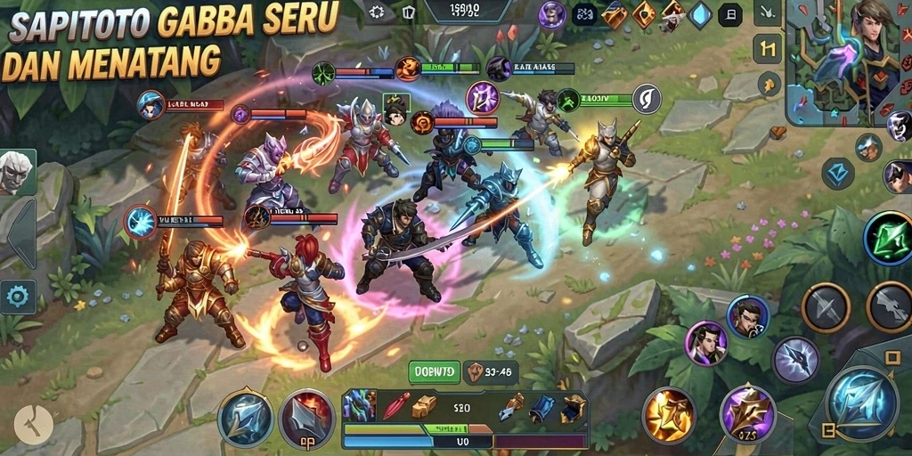 Tampilan aksi intens dan strategis dalam gameplay MOBA.